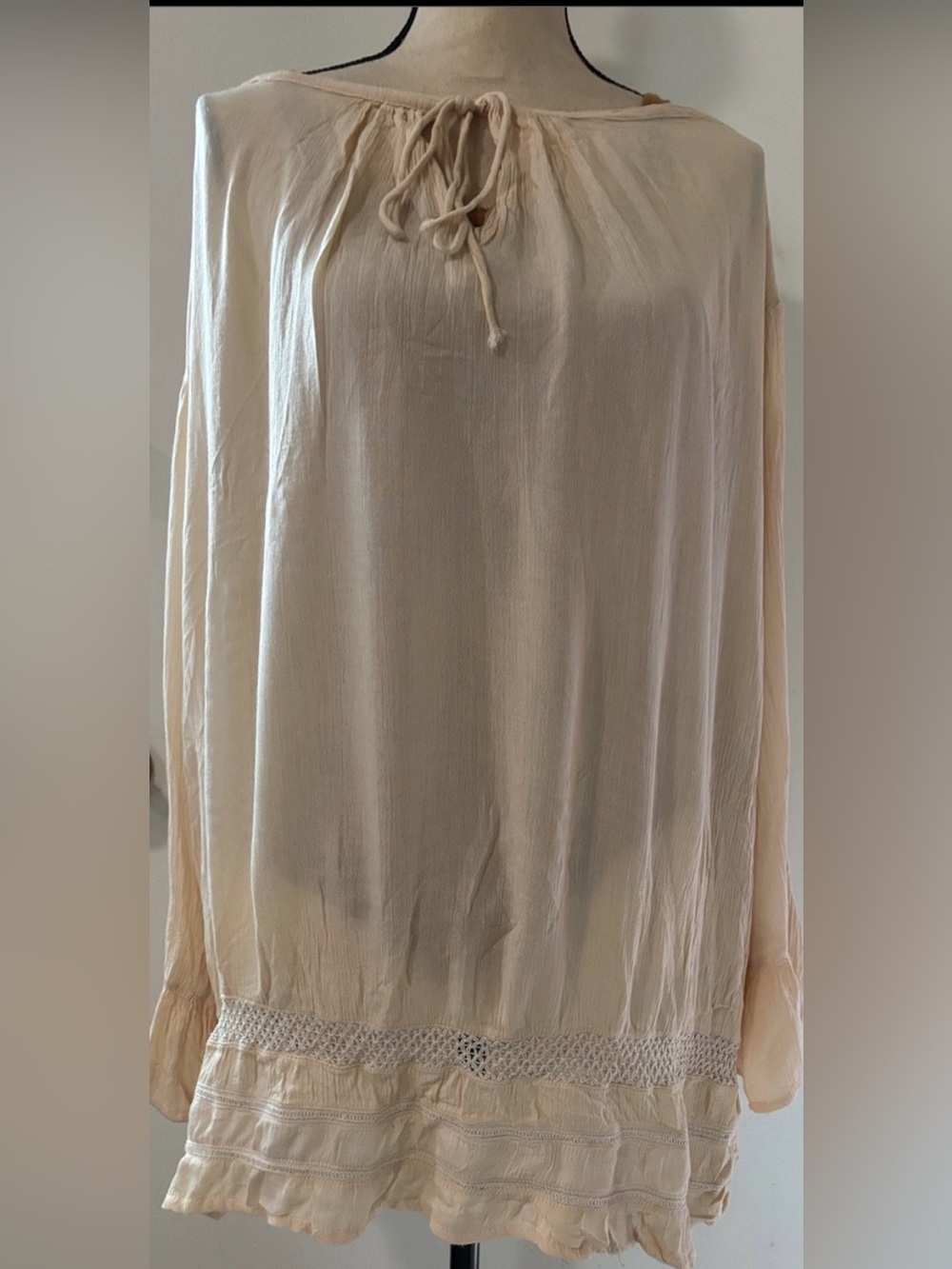 Lagaci light crochet  Cream Boho Tie-Neck Tunic